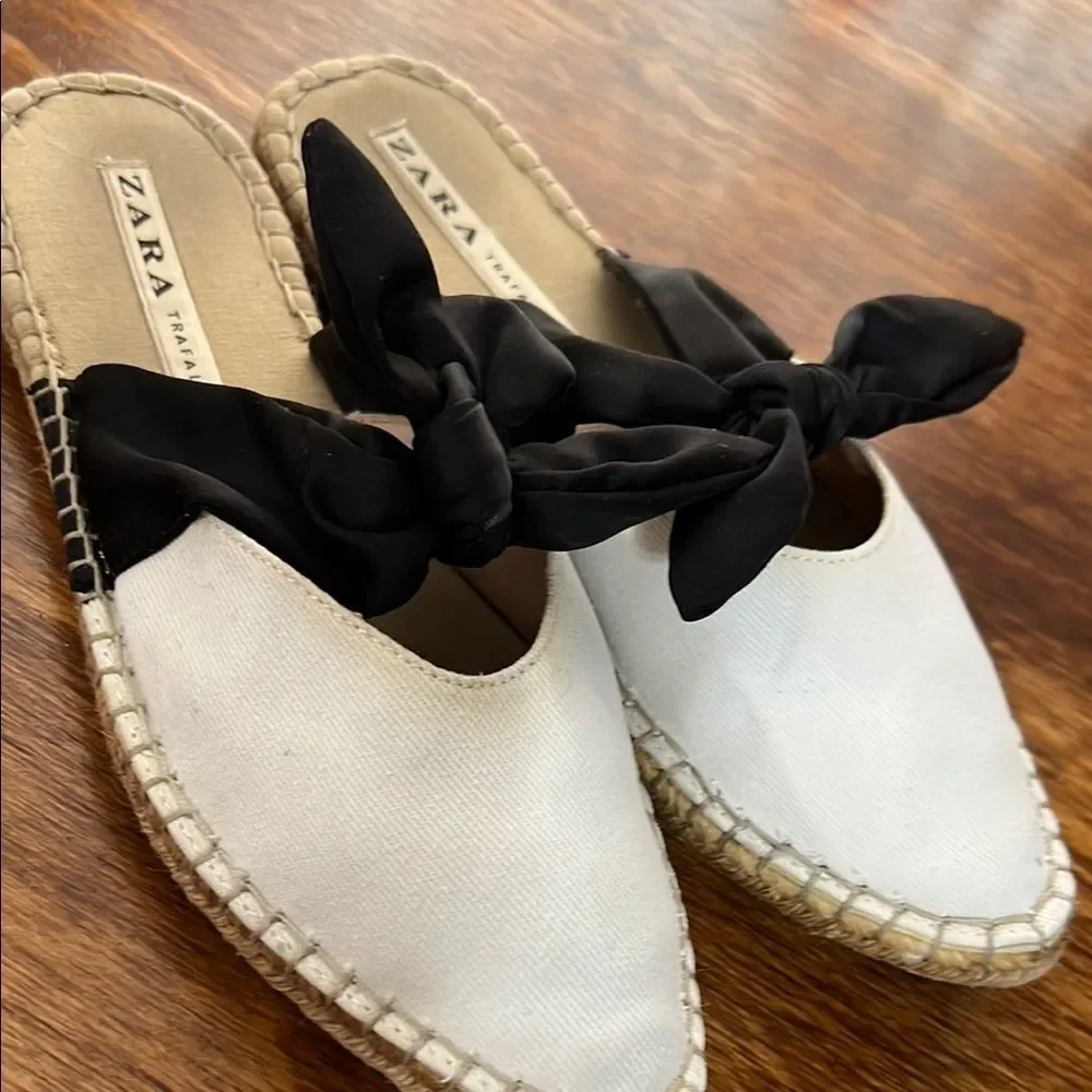 Zara Black and White Espadrille Flats with Bow Accent